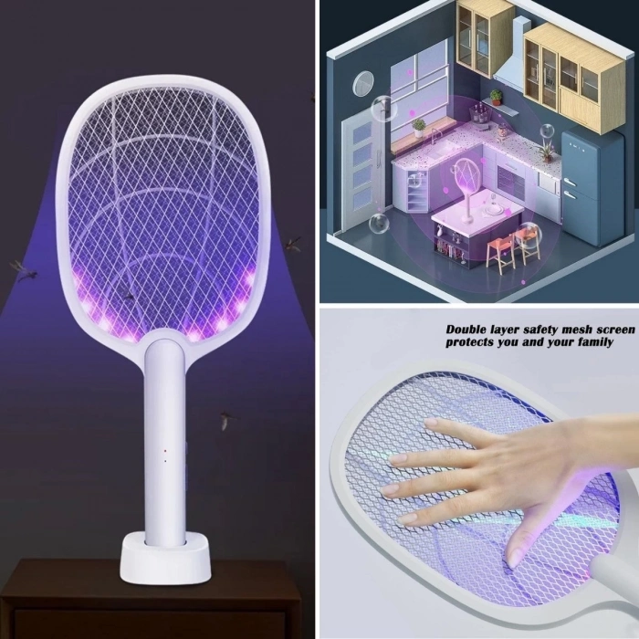 ÇOK SATAN Şarjlı Sinek Öldürücü Masaüstü Standlı,mor Işık Sinek Kovucu Raket 5w