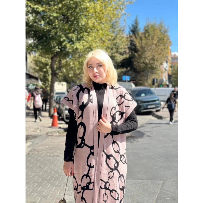 ÇOK SATAN Siyah çizgi desenli elbiseli hırka takım pudra siyah