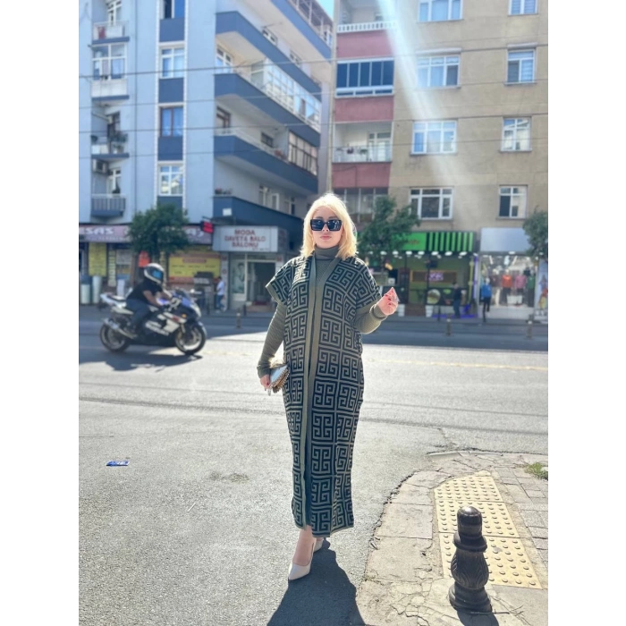 ÇOK SATAN Siyah çizgi desenli elbiseli hırka triko takım haki