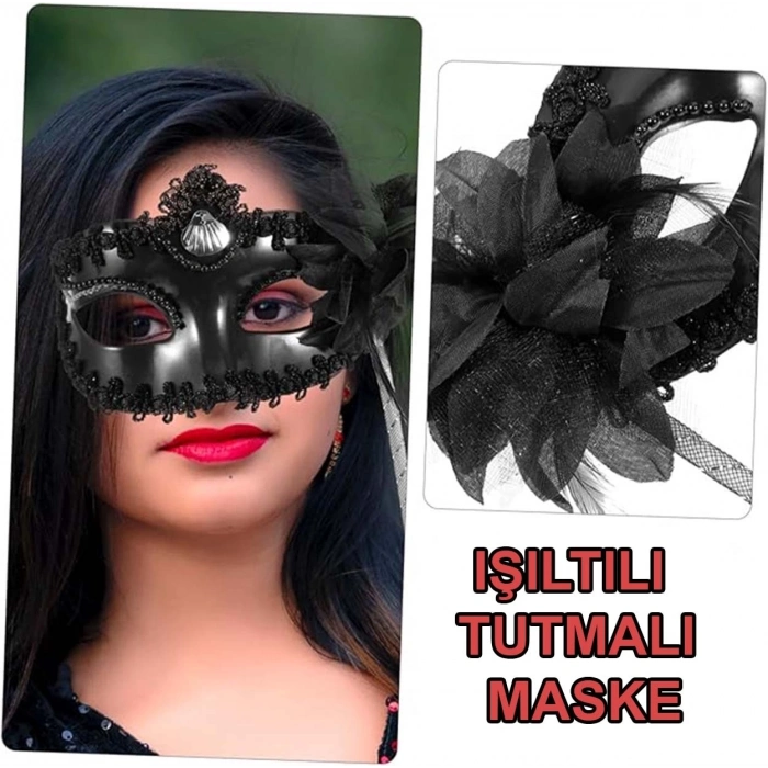 ÇOK SATAN Siyah Işıltılı Tutmalı Fotoğraf Çekimi Maskesi 18x29 Cm