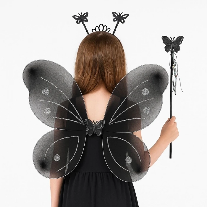 ÇOK SATAN Siyah Kelebek Kız Seti – 50 Cm Kelebek Kanadı, Taç Ve Asa