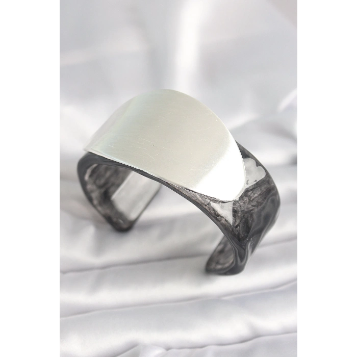 ÇOK SATAN Siyah Mermer Desen Akrilik Plastik Gümüş Oval Plaka Model Vintage Kadın Bilezik