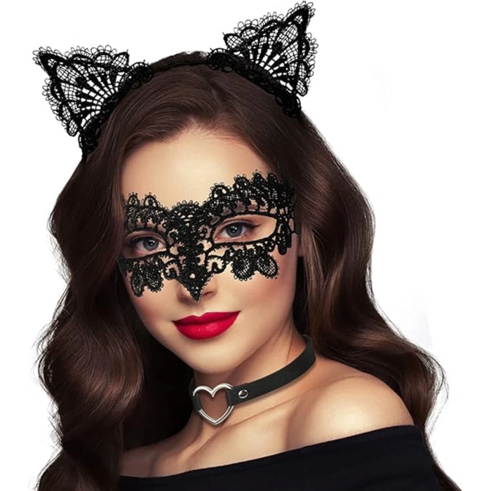 ÇOK SATAN Siyah Renk Dantel Maske Ve Dantel Kulak Taç Seti Yetişkin No 10