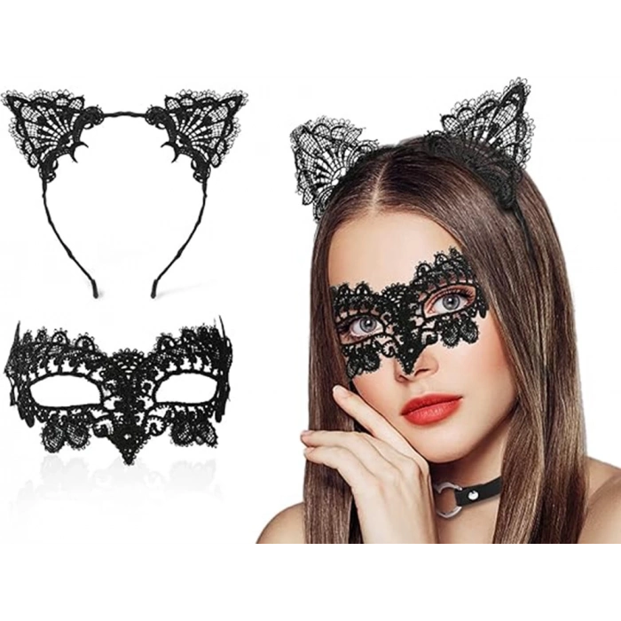 ÇOK SATAN Siyah Renk Dantel Maske ve Dantel Kulak Taç Seti Yetişkin No 10