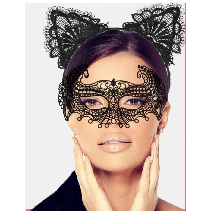 ÇOK SATAN Siyah Renk Dantel Maske Ve Dantel Kulak Taç Seti Yetişkin No 4