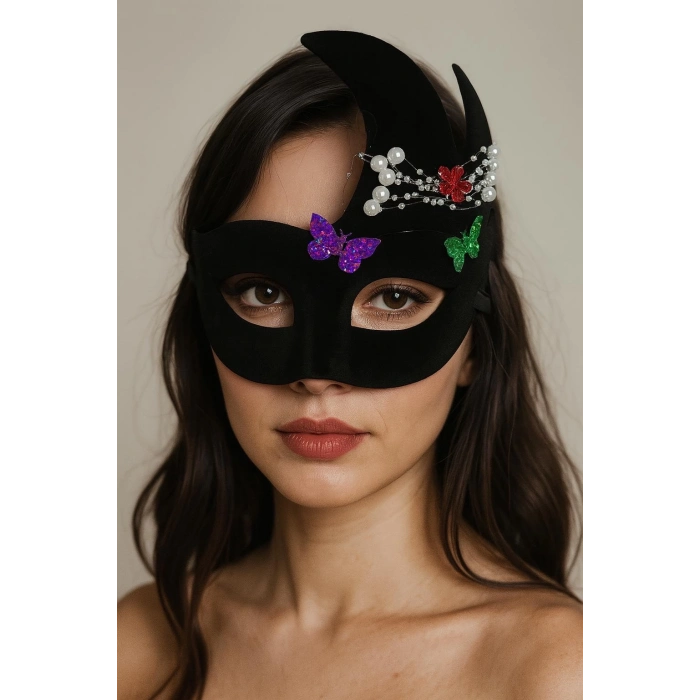 ÇOK SATAN Siyah Renk İncili Taşlı Süet Kaplama Venedik Parti Maskesi 20x22 cm
