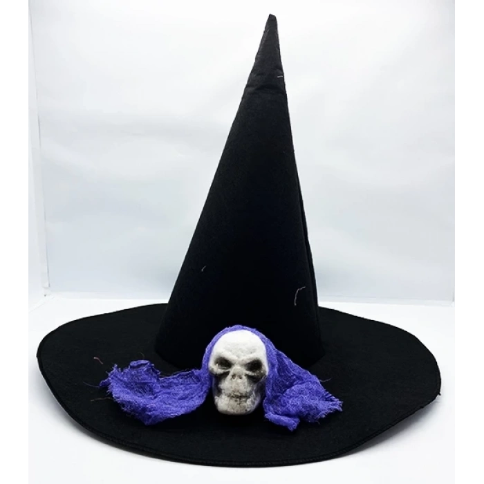 ÇOK SATAN Siyah Renk Mavi Duvaklı Kuru Kafa Temalı Cadı Şapkası 35x38 cm