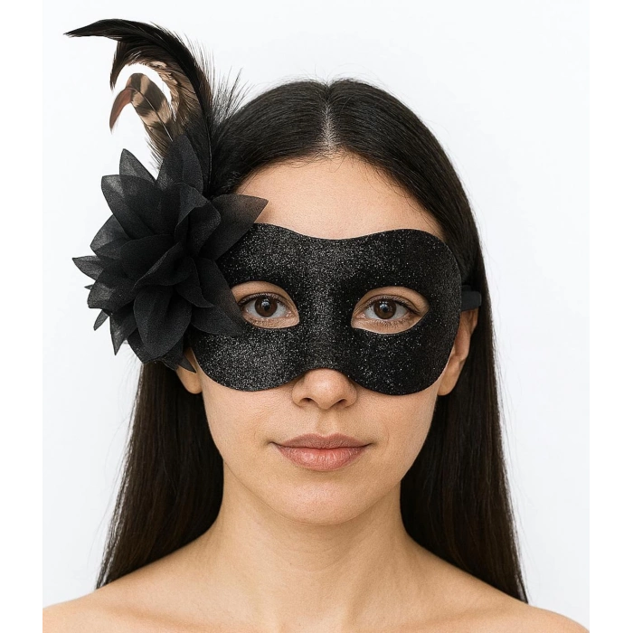 ÇOK SATAN Siyah Renk Metalize Sim Görünümlü Parlak Tüylü Parti Maskesi 22x19 cm