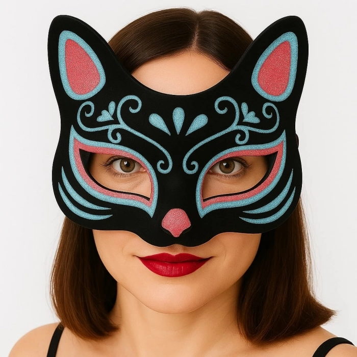ÇOK SATAN Siyah Renk Süet Kaplama Üzeri Mavi Kırmızı Simli Kedi Maskesi 17x14 cm