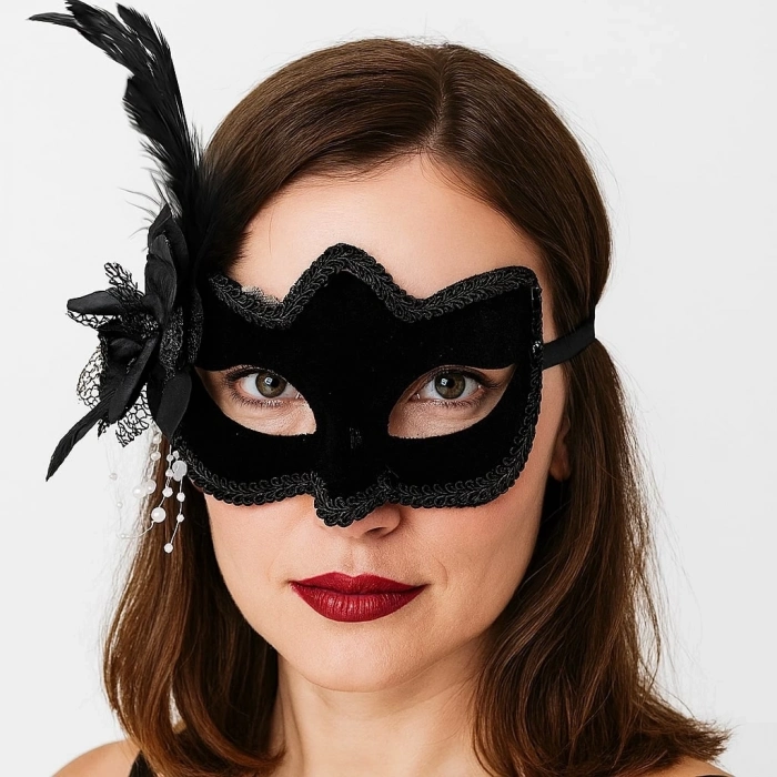 ÇOK SATAN Siyah Renk Yandan Tüylü Beyaz İncili Süet Kaplama A Kalite Lüks Parti Maskesi 20x23 cm