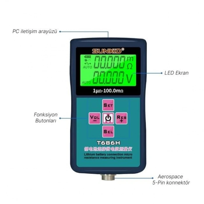 ÇOK SATAN Sunkko T686h Hassas Pil İç Direnç Ve Voltaj Test Cihazı (0-100v - 0-100 Ohm)
