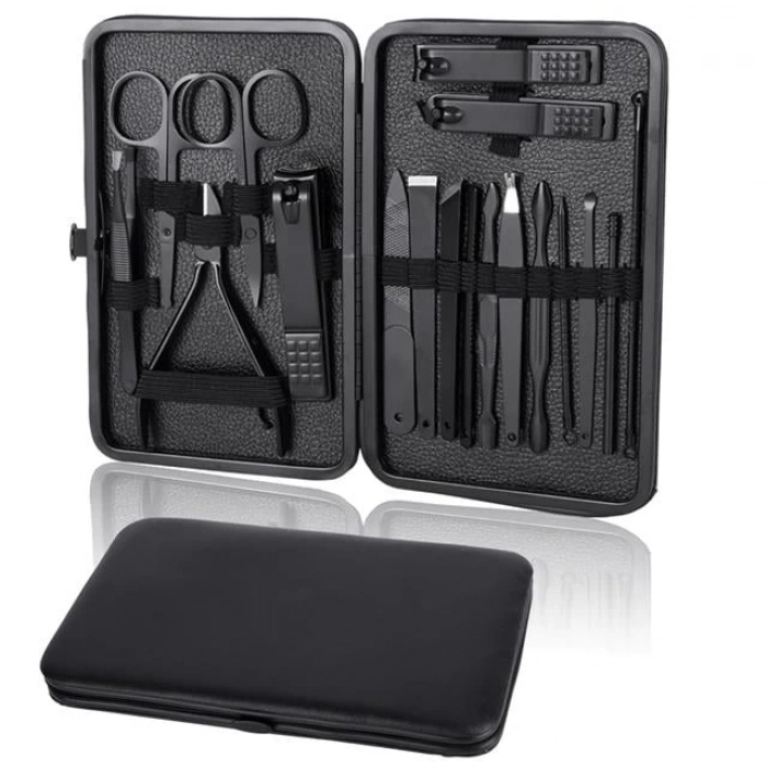 ÇOK SATAN Sunup Sn-27099 Siyah Paslanmaz Çelik 18in1 Profesyonel Manikür Tırnak Bakım Seti