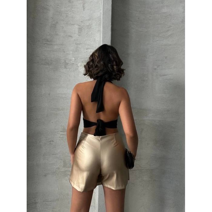 ÇOK SATAN Taşlı şort etek deri gold h240018