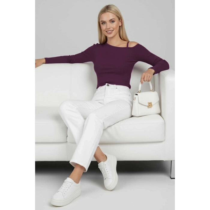 ÇOK SATAN Tek Omuz İpli Bluz Mürdüm T4328