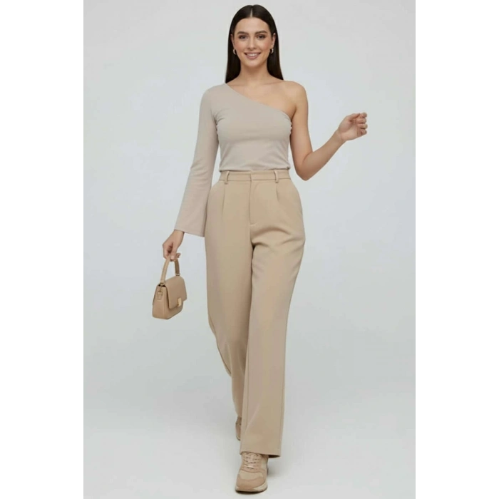 ÇOK SATAN Tek Omuzlu Basic Bluz Vizon T4275