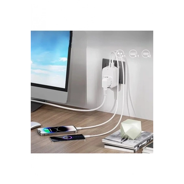 ÇOK SATAN Tekli Yüksek Voltaj Korumalı Duvar Prizi 2x Type-c 1x Usb Çıkışlı Priz Grup Priz Çoğaltıcı Beyaz