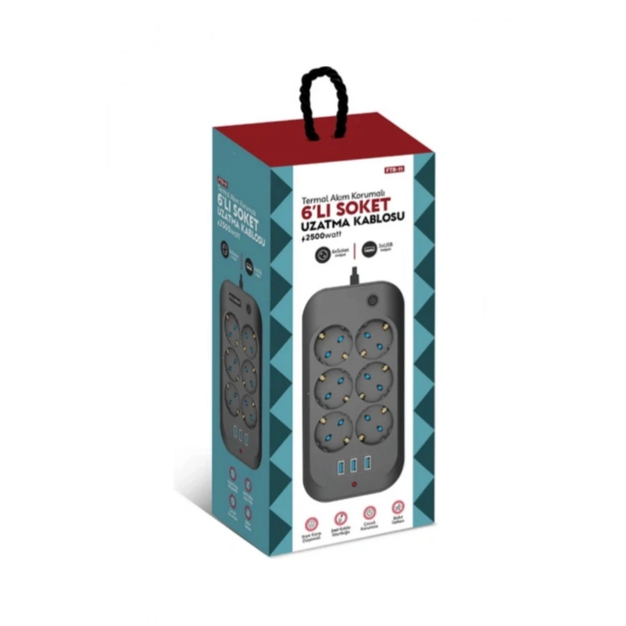 ÇOK SATAN Termal Akım Korumalı, Çocuk Korumalı, 6’lı 2 Mt Uzatma Kablosu 6 X Priz, 3 X Usb