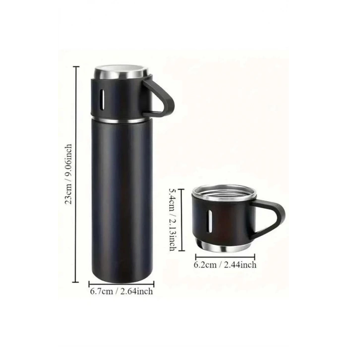 ÇOK SATAN Termos Seti 3lü Bardak Seti Isı Dayanıklı Siyah Paslanmaz Çelik Vakumlu