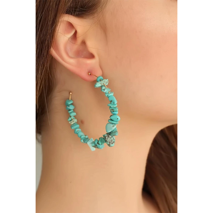 ÇOK SATAN Turkuaz Renk Taşlı Yarım Halka Küpe