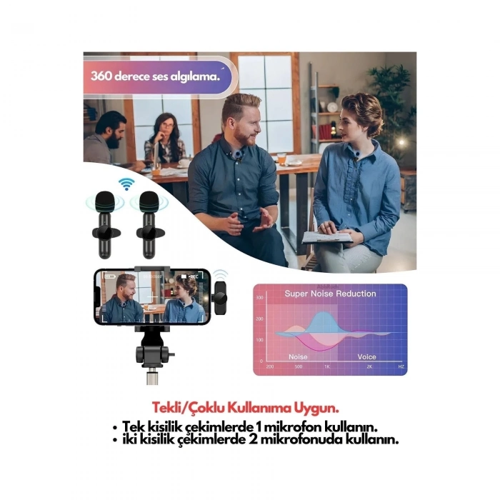 ÇOK SATAN Type-c Çiftli Kablosuz Yaka Mikrofon Seti Telefon Vlog Canlı Yayın Tiktok Youtube Uyumlu