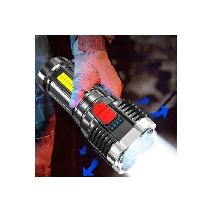 ÇOK SATAN Ultra Parlak El Feneri Usb Şarj 4 Led+yan Cob Led Taktik Günlük Hayat Kamp Avcılık El Feneri