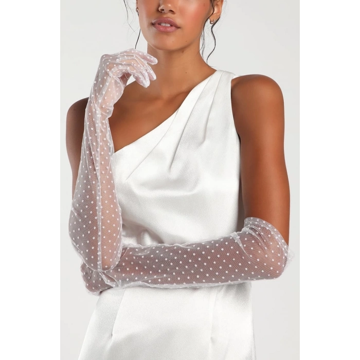 ÇOK SATAN Uzun Boy Beyaz Puantiyeli Beyaz Renk Yetişkin Tül Eldiven 55 cm