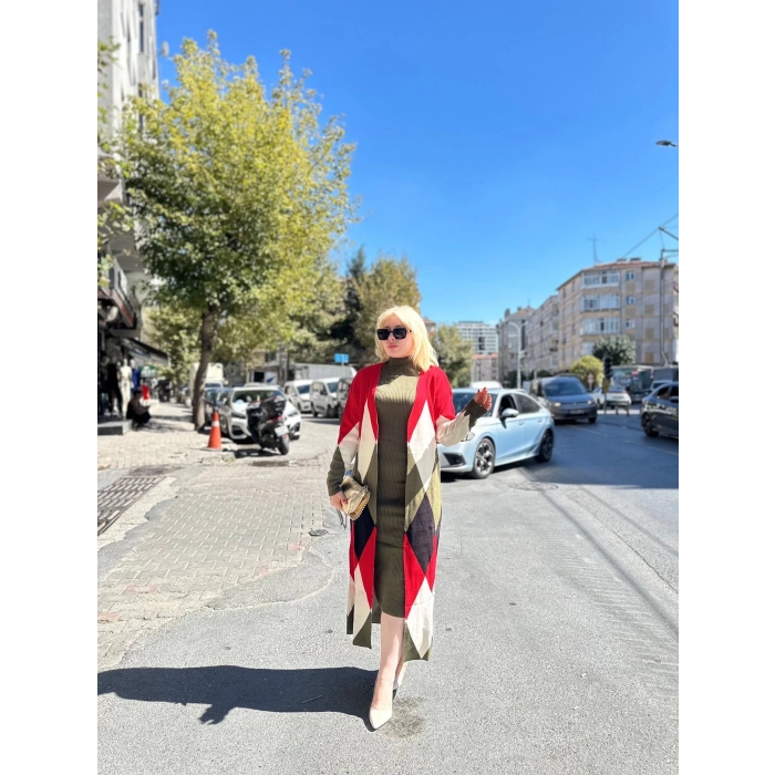 ÇOK SATAN Uzun hırka içi elbise ikili triko takım ekose baklava desen haki kırmızı