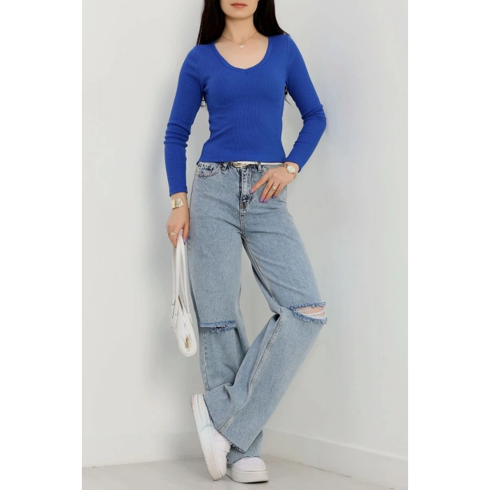 ÇOK SATAN V yaka kaşkorse bluz saks mavisi a3699