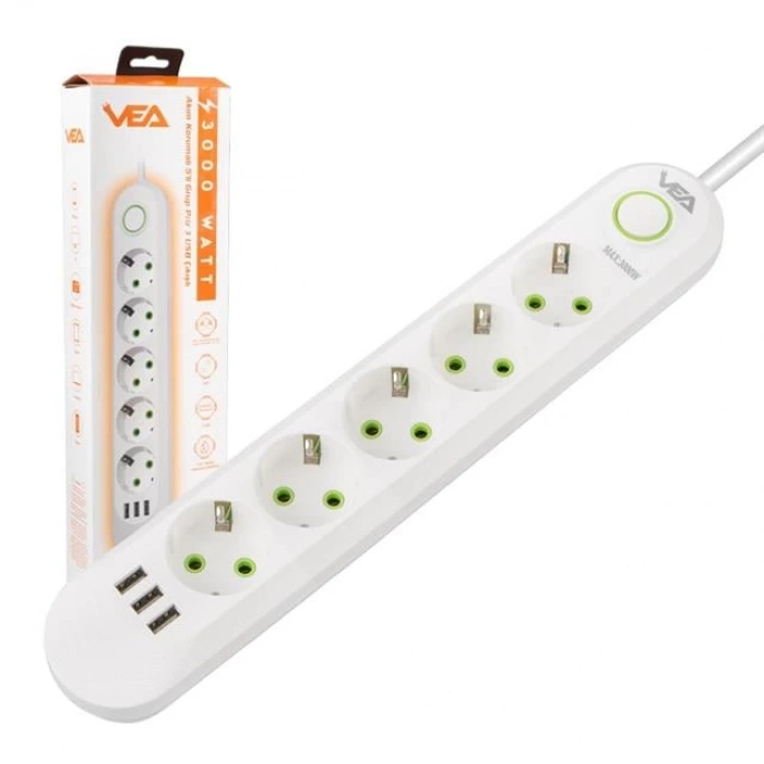 ÇOK SATAN Vea Va-21562 5li 3 Usbli 1.5 Metre Akım Korumalı Priz Beyaz