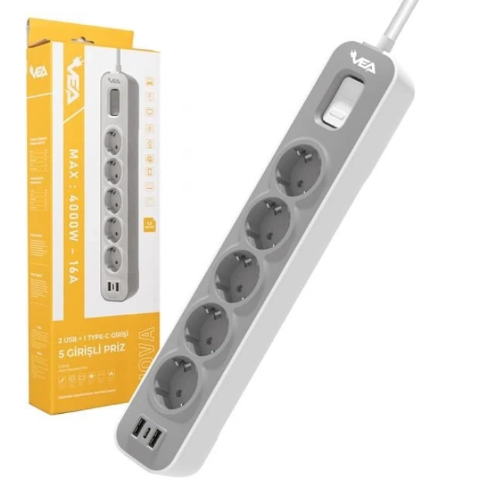 ÇOK SATAN Vea Ve-nova105u A Class 5li 2 Usbli Anahtarlı 1.5 Metre Akım Korumalı Priz
