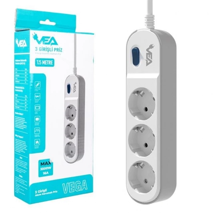 ÇOK SATAN Vea Ve-vega103 A Class 3lü Anahtarlı 1.5 Metre Akım Korumalı Priz