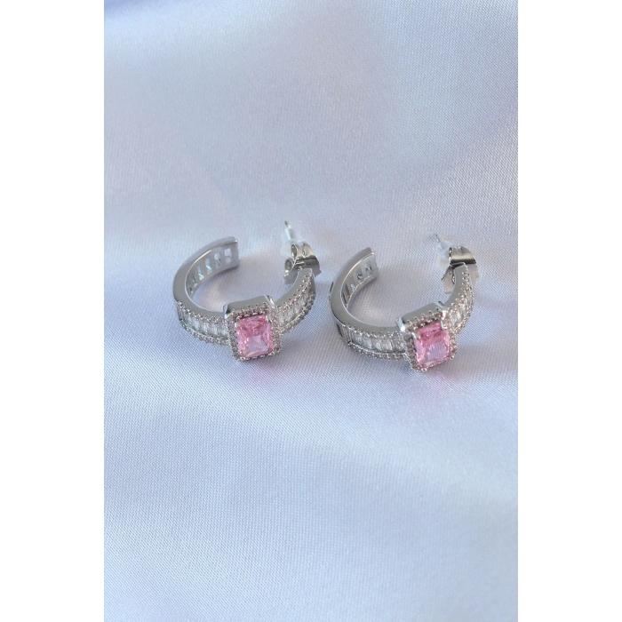 ÇOK SATAN VIP Seri Gümüş Renk Yarım Halka Model Zirkon Taşlı Pirinç Kadın Küpe