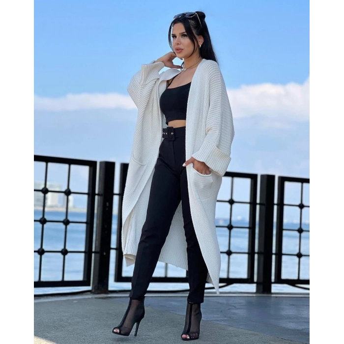 ÇOK SATAN Yarasa kol uzun triko hırka beyaz