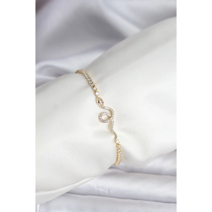 Yılan Model Zirkon Taşlı Gold Renk Pirinç Su Yolu Kadın Bileklik