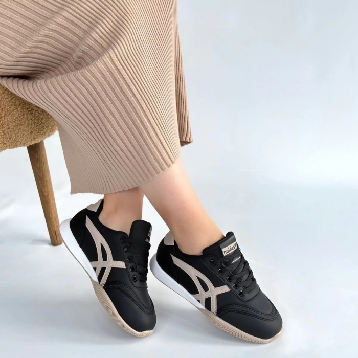 ÇOK SATAN Zlay Siyah Cilt Bej Detaylı Bağcıklı Spor Ayakkabı