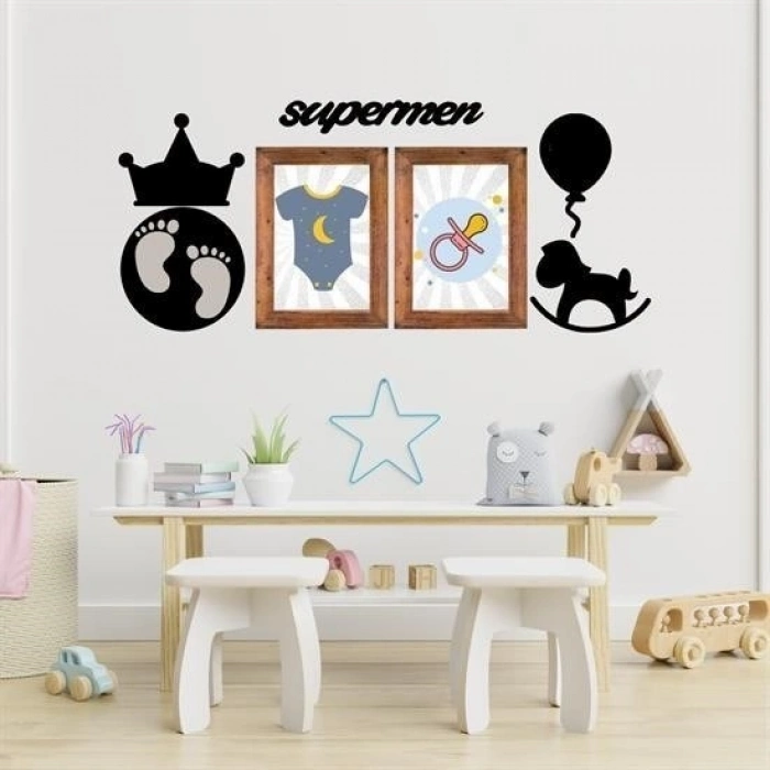 DECO103 Supermen Dekoratif Duvar Süsü Tablo Aksesuar Ahşap Tasarım Hediye Pano Sticker Seti