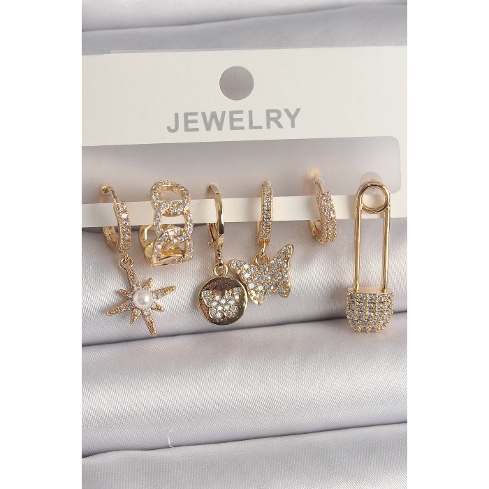 Pirinç Gold Renk Zirkon Sallantı Zirkon Taşlı İnci Detay Kelebek Figür Kadın Küpe Seti