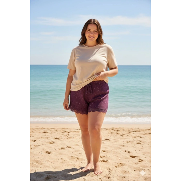 Düz Renk Mini Çiçek Desenli Penye Kadın Ev Şortu Bacak Dantel Detaylı Ev Giyim Gül Kurusu