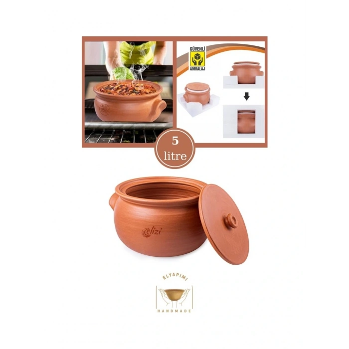 El Yapımı Kapaklı Toprak Güveç Tencere Orta Boy Astarlı 5 Litre (ÖZEL KIRILMAZ KUTUSUNDA)