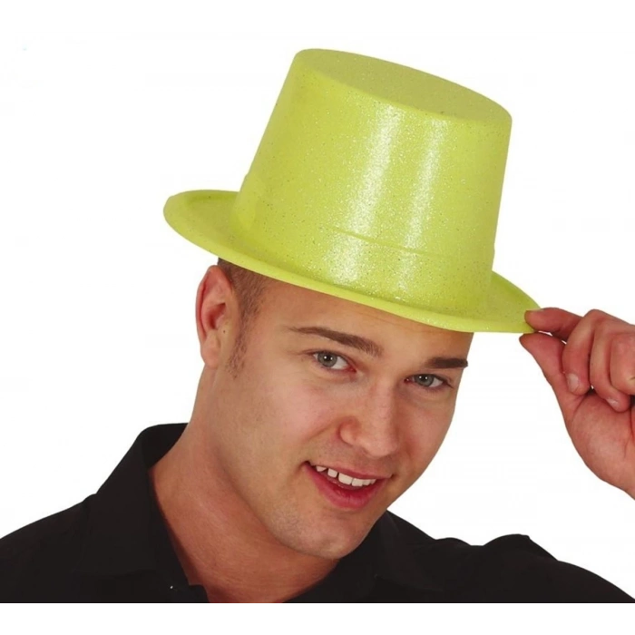 Floresan Sarı Renk Simli Uzun Fötr Melon Şapka 12 Cm