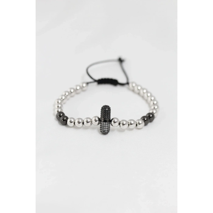 Füme Gümüş Renk Çelik Zirkon Objeli Asansörlü Bileklik