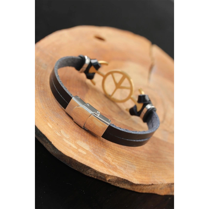 Gold Renk Barış Figürlü Metal Aksesuarlı Siyah Renk Deri Erkek Bileklik