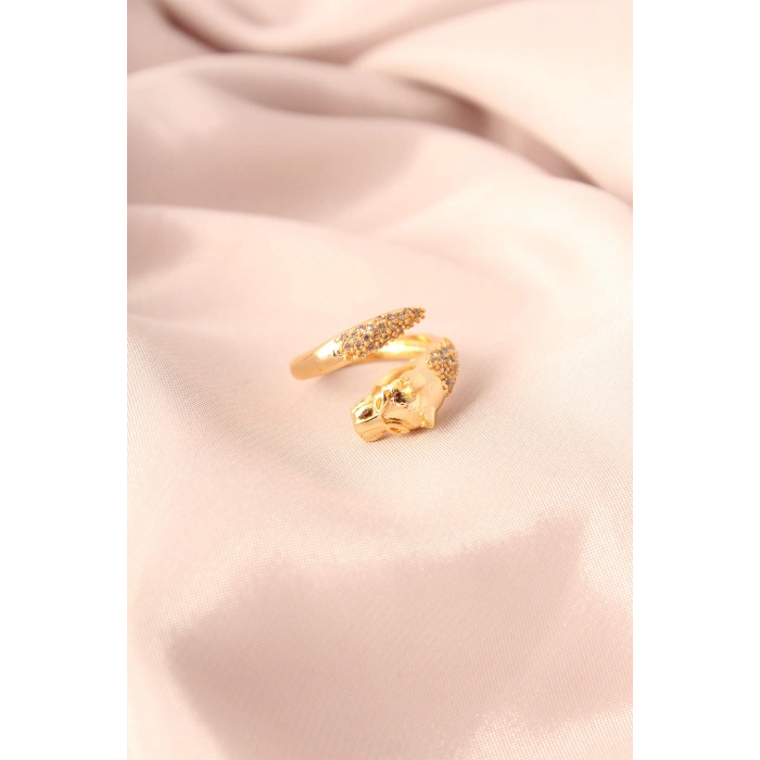 Gold Renk Metal Zirkon Taşlı Kaplan Model Ayarlanabilir Kadın Yüzük