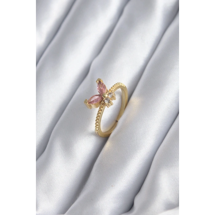 Gold Renk Pembe Zirkon Taşlı Kelebek Model Kadın Yüzük