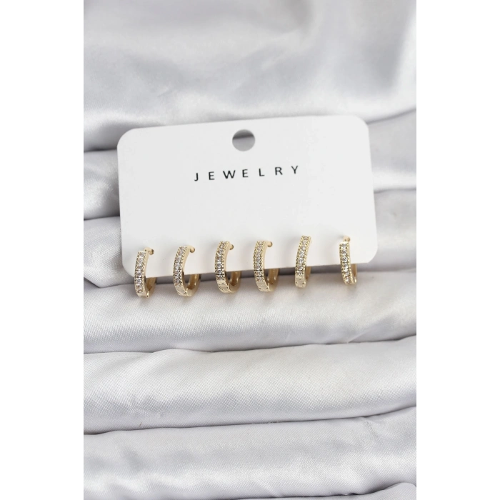 Gold Renk Pirinç Zirkon Taşlı Halka Kadın Küpe Seti