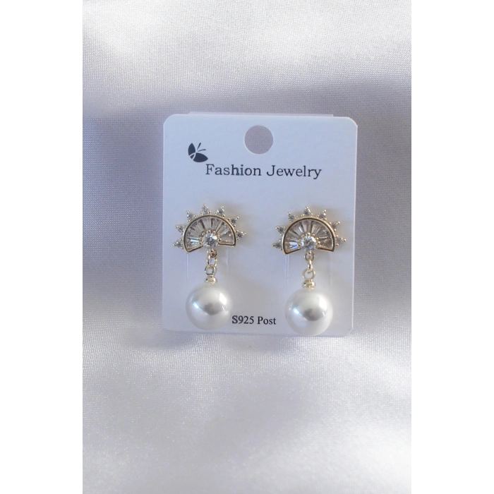 Gold Renk Zirkon Taşlı İnci Sallantı Model Kadın Küpe