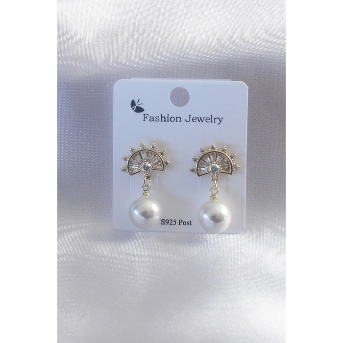 Gold Renk Zirkon Taşlı İnci Sallantı Model Kadın Küpe