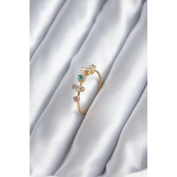 Gold Renk Zirkon Taşlı Renkli Zirkon Taşlı Kadın Yüzük