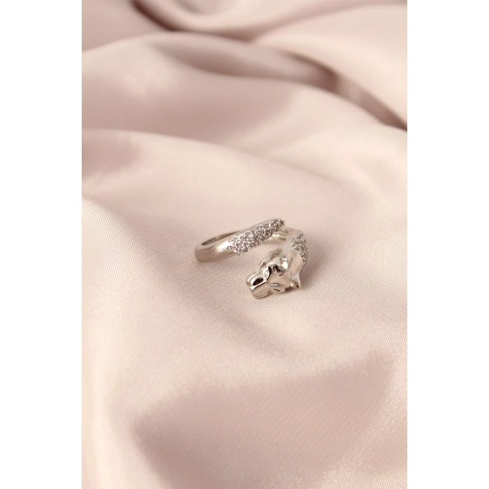 Gümüş Renk Metal Zirkon Taşlı Kaplan Model Ayarlanabilir Kadın Yüzük