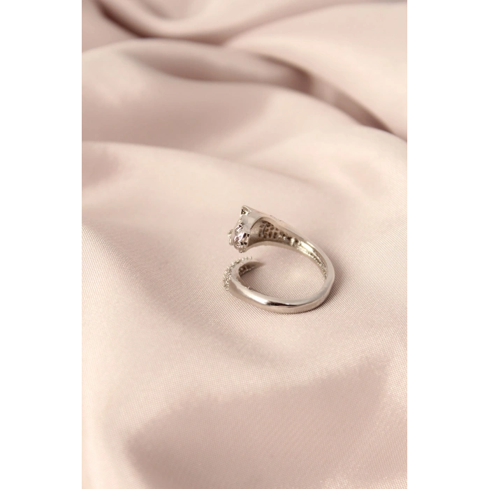 Gümüş Renk Metal Zirkon Taşlı Kaplan Model Ayarlanabilir Kadın Yüzük